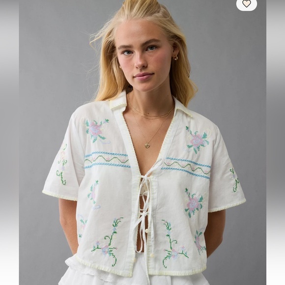 American Eagle Outfitters Tops - AE Collared Tie Front Embroidered Shirt